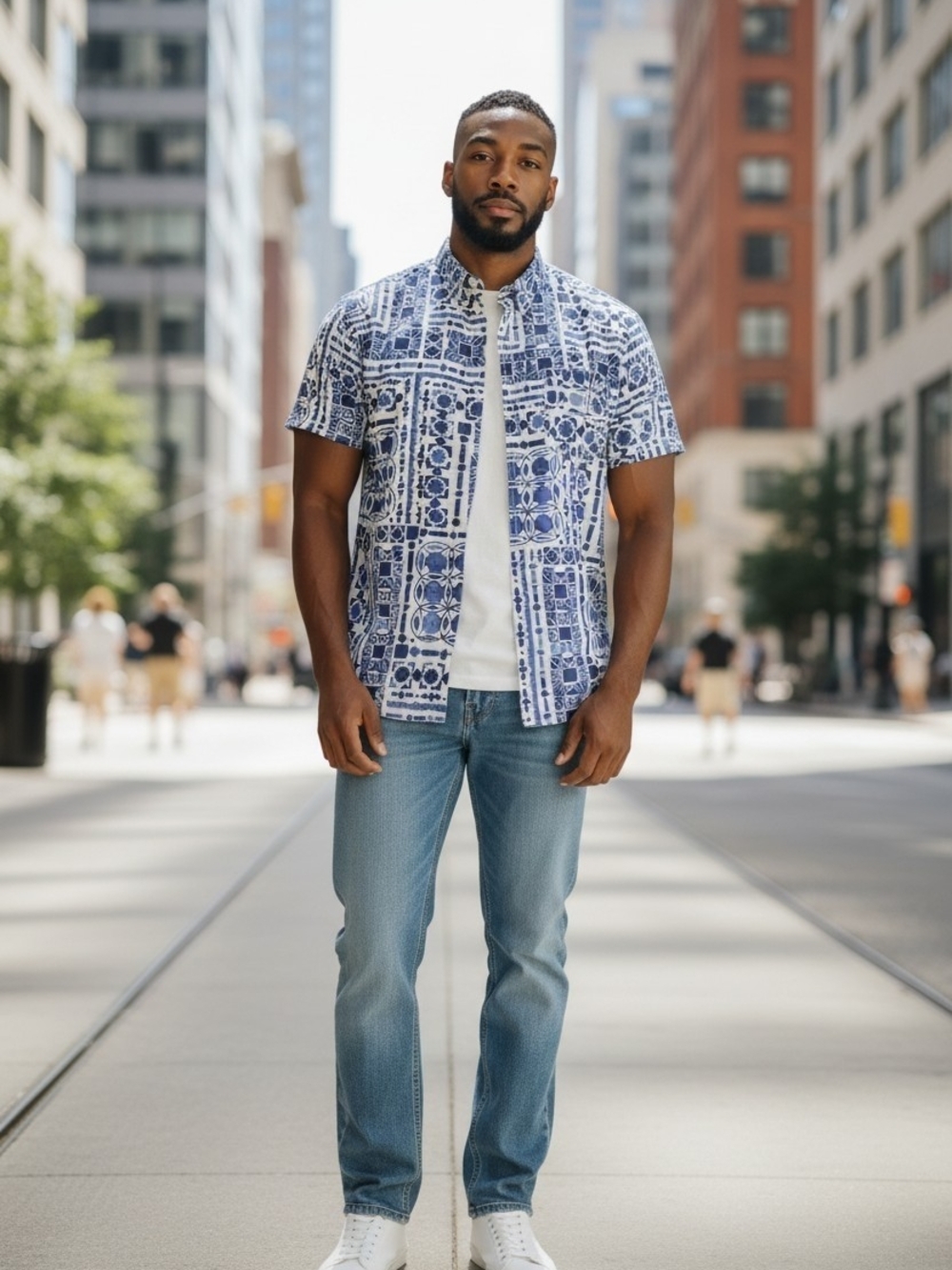 Common People Short-Sleeve Blue Tile-Print Button-Down Shirt